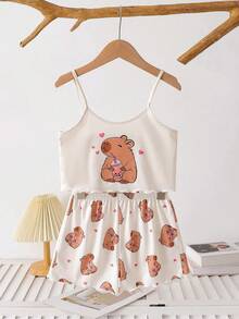 SHEIN Tween Girl Cartoon Print Camisole And Shorts Pajama Set, Suitable For Autumn, Winter And All Seasons - Apricot - View 4
