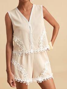 Travachic Women's Vacation Outfits Water-Soluble Lace Patchwork Front Button Camisole And Shorts 2 Pieces Set Holiday Country Clothing Beach Beige Summer Boho - Apricot - View 7