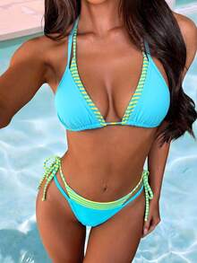 Swim Mod 2026 Spring/Summer New Fashion Blue Solid Color Casual Sequin Tropical Backless Halter Bikini 2-Piece Swimwear Set Beach Vacation - Mint Blue - View 1