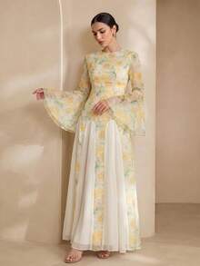 Graceveil Women's French Elegant Yellow Round Neck Double-Layer Flare Sleeve Waist Cinched Dress Bride Printed Dress Yellow Dress Latest Dress Style Vacation - View 4