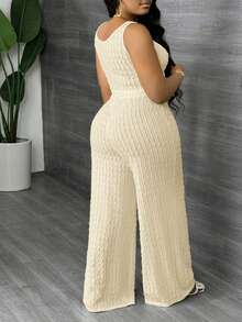 Slaydiva Plus Size Solid White Long Casual Vest And Wide Leg Pants 2 Pieces Set, Spring/Summer - Yellow - View 2