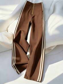 Franclia Summer Casual Brown Trousers  Contrasting Side Webbing,Metal Zipper Waistband,Elegant Work Office Pants,Athleisure,Winter,Brown Striped,Date Wear - Brown - View 1