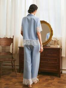 Côtesoire Women's Contrast Color Lace Patchwork Short Sleeve & Long Pants Striped Textured Woven Pajama Set - Blue - View 2