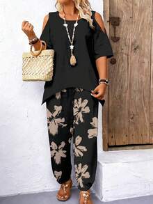 EMERY ROSE 2pcs Plus Size Off Shoulder Short Sleeve Top And Casual Loose Comfortable Pants Set, Plus Size Printed Outfit - Multicolor - View 3