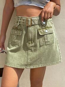Livesso High Waist Khaki Solid Color Button A-Line Full Skirt Women's Denim Skirt - Green - View 4