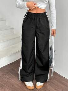 SHEIN Tall CURVE Plus Size Women's Casual Sports Black And White Striped Side Loose Wide Leg Pants,Elastic Waist Gym Long Trousers For Sommar,Daily Commute,Y2K Fashion - Black - View 8