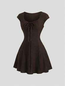 Sweetra Vintage Solid Color Front Tie Cap Sleeve Casual Dress - Coffee - View 7