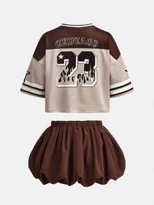 女童小女孩春夏新款時尚運動休閒圓領短袖數字印花球衣上衣 + 卡其棕泡泡裙套裝 - 彩色 - 查看 3