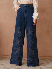 Anewsta Women's Elegant High-Waisted Embroidered Hollow-Out Loose Wide-Leg Jeans, Suitable For Spring Valentine's Day Party - Dark Wash - View 6