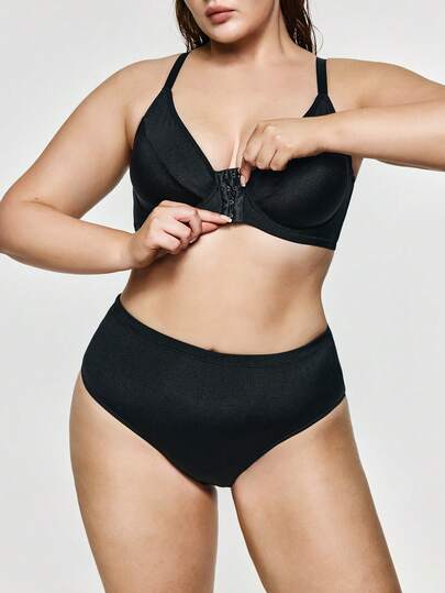SHAPORA 1pc Front Closure Black Underwire Plus Size Bra, Enhances Cleavage And Minimizes Bulges