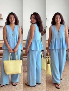 Enliva Bộ hai món áo camisole viền bèo cho nữ size lớn, áo cardigan cổ chữ V phối quần cạp chun, trang phục hai món mùa hè cho nữ, đồ mặc thường ngày đi du lịch cho nữ, phù hợp cho vóc dáng size lớn, dáng người quả táo và tròn - Màu xanh lam - Xem 5