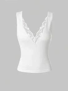 EMERY ROSE Women's Solid Color Contrast Lace Fitted Camisole - White - View 8