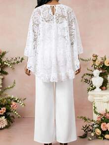 SHEIN Lady Women's Solid Color Lace Patchwork Round Neck Long Sleeve Top And Pants 2-Piece Set Holiday Outfits For Women Elegant Women's Set - White - View 2