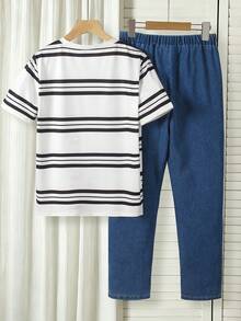 2pcs/Set Boys' Casual Striped T-Shirt With Denim Pocket Patchwork And Denim Casual Pants, Fashionable Outfit Suitable For Multiple Occasions - Medium Wash - View 2