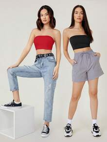 SHEIN BASICS 女士纯色舒适透气休闲简约设计短款露脐抹胸上衣，夏季 - 彩色 - 查看 6