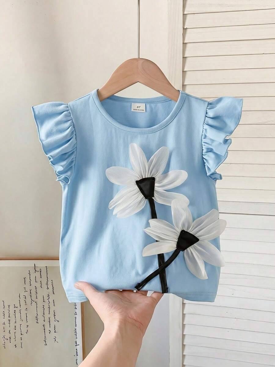 SHEIN 女童可爱3D立体花卉装饰短袖T恤,适合春夏季日常穿着、外出休闲。 - 淺藍色 - 查看 1