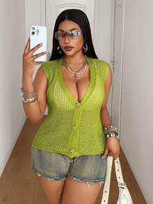 Maweii Plus Size Women's Knitwear, Brown V-Neck Sweater Vest, Metal Big Button Hollow Out Cardigan, Summer Casual Everyday Minimalist Knit Vest Gym - Green - View 1
