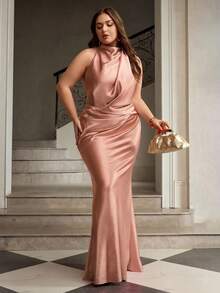 ZEYLAH Satin Halter Elegant Mermaid Dress - Pink - View 5