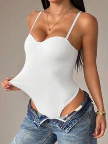 SHEIN PETITE 女款素色修身百搭日常細肩帶背心 - 白色 - 查看 3