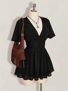 SHEIN ICON 女款夏季黑色極簡純色V領荷葉袖收腰迷你洋裝 - 黑色 - 查看 3