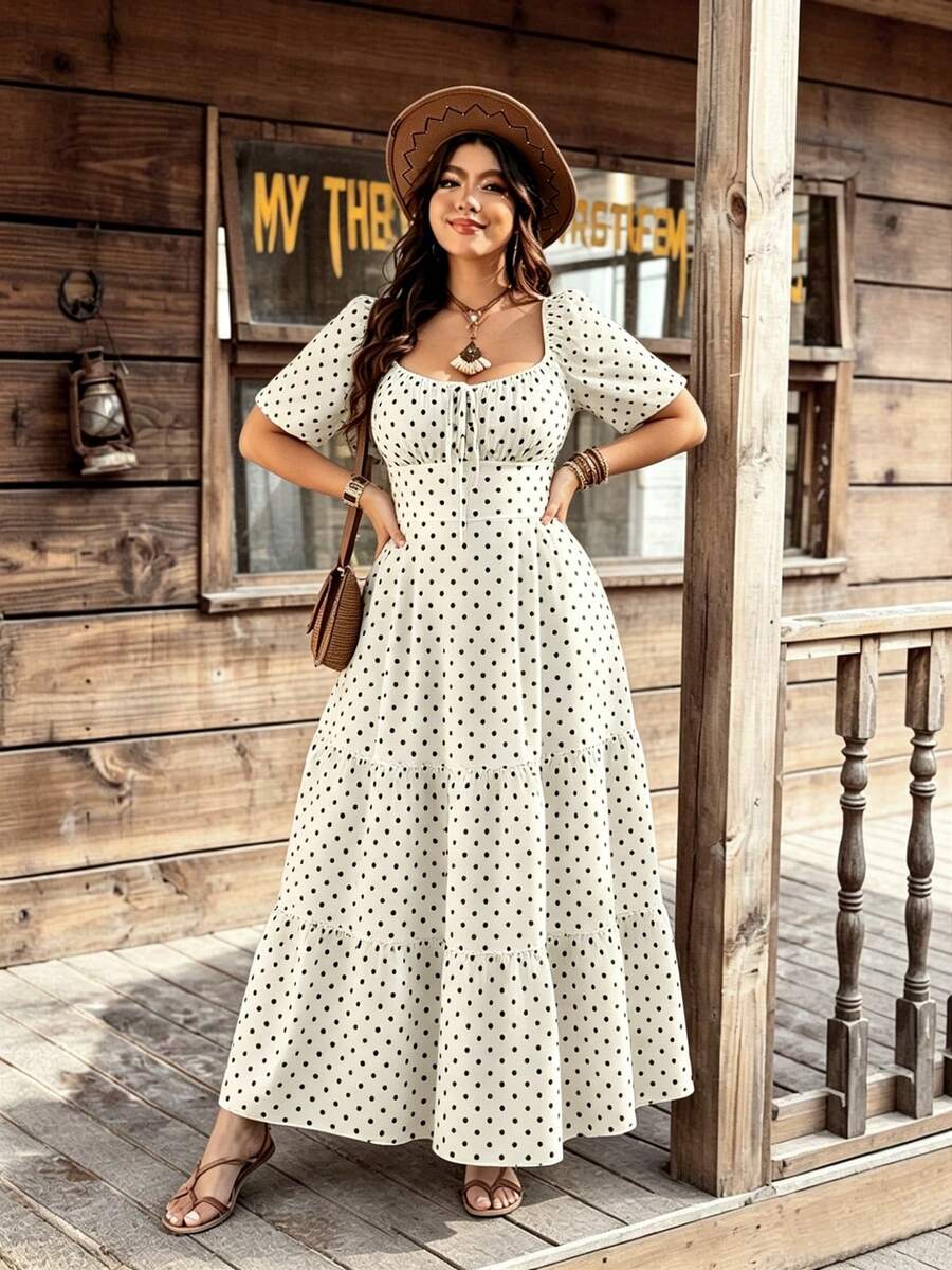 Ceyna 大码绿色碎花休闲优雅蝙蝠袖连衣裙,春夏款 - 白色 - 查看 1
