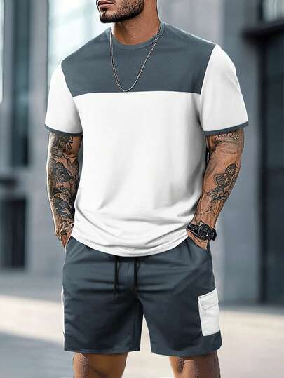 Manfinity Homme Men's Contrast Color Round Neck Short Sleeve T-Shirt And Drawstring Waist Shorts Casual Set Men S Short Sleeve 2 Piece Casual Set Men 2 Piece Set Tee And Shorts