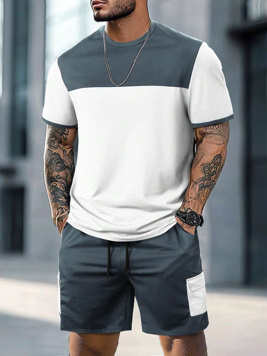 Manfinity Homme Men's Contrast Color Round Neck Short Sleeve T-Shirt And Drawstring Waist Shorts Casual Set Men S 2 Piece Tee - Multicolor - View 1