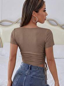 SHEIN Essnce Women's Solid Color Minimalist Short Sleeve T-Shirt, Casual Everyday Wear - Mocha Brown - View 2