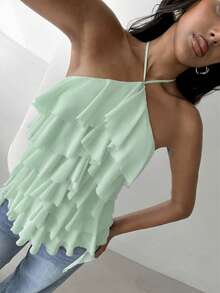 Aloruh Women's Elegant Romantic Tie-Up Neck Multi-Layer Ruffle Trim Teal Vacation & Date Top - Teal Blue - View 3