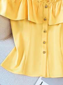 Glimmora Women's Elegant Daily Solid Color Ruffle Off-Shoulder Front Button Shirt Vacation Yellow Autumn - Yellow - View 5