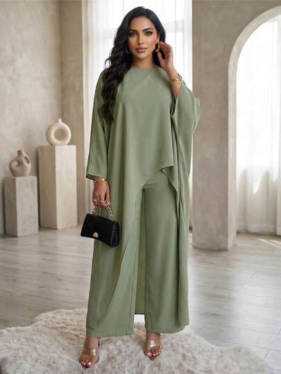 SHEIN Lady Bộ đồ nữ gồm áo sơ mi và quần ống rộng màu trơn, kiểu dáng thường ngày, gồm áo và quần.