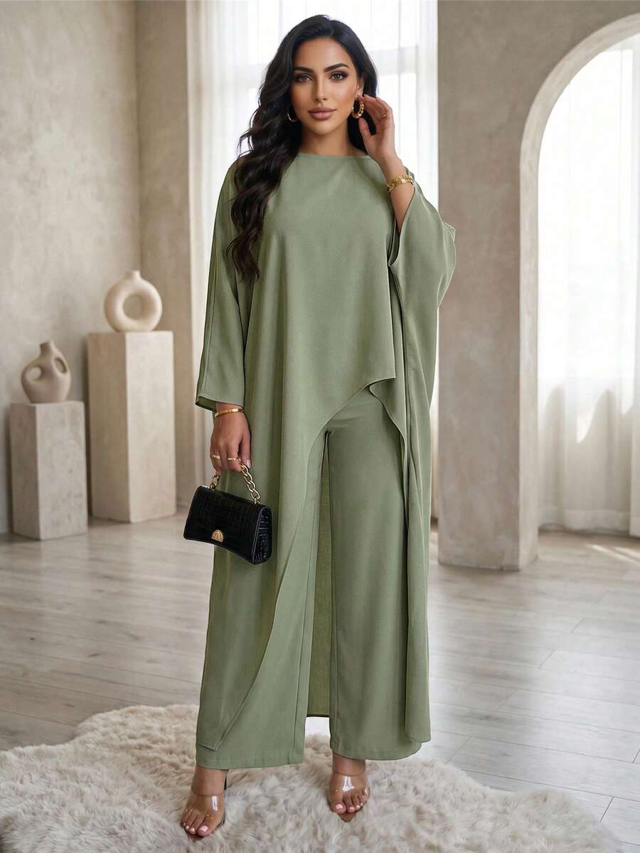 Auveirra Women's Solid Color Asymmetric Hem Shirt And Wide Leg Pants Casual 2 Pieces Set Zoo Outfits Women - Olive Green - View 1