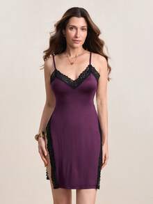 Hourtrue Sexy Women's High Slit Lace Camisole Nightgown - Red Violet - View 8