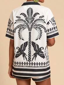 Travachic Conjunto casual de 2 piezas para mujer con camisa de manga corta con botones y estampado de hojas y pájaros, y shorts con cordón en la cintura - Beis - Ver 2