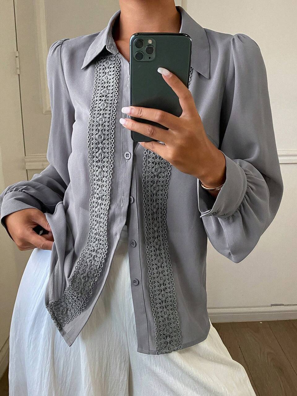 Women's Contrast Lace Loose Long Sleeve Elegant Formal Office Blouse, Autumn School Teachers' Day Grey Blue