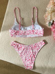 Swim Mod Set Pakaian Renang Wanita, Bikini Dua Potong Motif Bergaris Acak, Pakaian Renang Seksi Kasual untuk Liburan Pantai dan Pesta Kolam Renang - Hot Pink - View 5