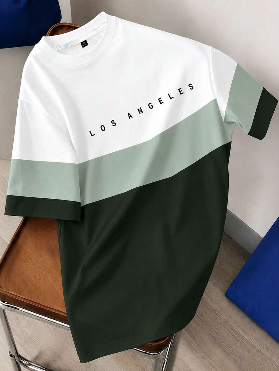 Manfinity Joysei Men Plus Size Letter Print Colorblock Fashionable Summer Casual Sportswear Tee, Holiday - Green - View 1