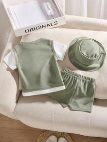 SHEIN Playful Pals Bộ 3 món cho bé trai mùa hè, vải waffle màu xanh xám, cổ tròn, áo 2 trong 1 kèm quần short và mũ, phong cách casual đi biển, phù hợp đi học, nghỉ lễ, thể thao & tụ tập - Nhiều màu - Xem 2