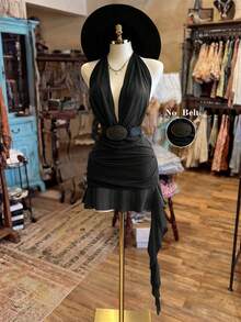 NostaNoir Halter Neck Backless Ruffle Hem Women's Dress - Black - View 5