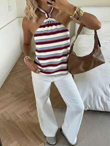 SHEIN EZwear 女款優雅藍白條紋夏季度假無袖上衣，休閒極簡日常百搭酒紅杏色條紋印花上衣 - 彩色 - 查看 3