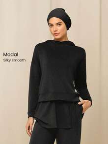 GLOWMODE Modest 1PC Breezy Days Silky-Smooth Breathable Overlapping Hood Relaxed Fit Sweatshirt Daily Casual Street Wear - Hitam - View 1