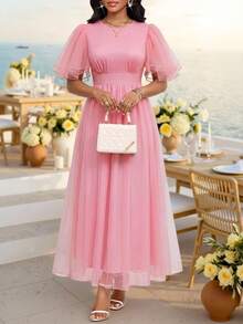 SHEIN Lady Vestido feminino elegante de verão, cor sólida, gola redonda, cintura marcada e comprimento midi. - Rosa Empoeirado - Ver 4