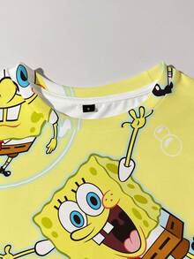 SpongeBob SquarePants | SHEIN Áo thun nữ cổ tròn tay ngắn in hình hoạt hình dễ thương, kiểu dáng ôm vừa vặn. - trắng - Xem 3