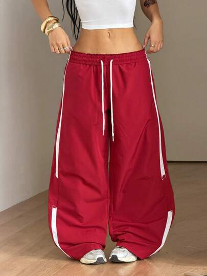 Coolane Women's Summer Going Out Gym Vintage Sportswear Patchwork Comfortable Baggy Red Pants