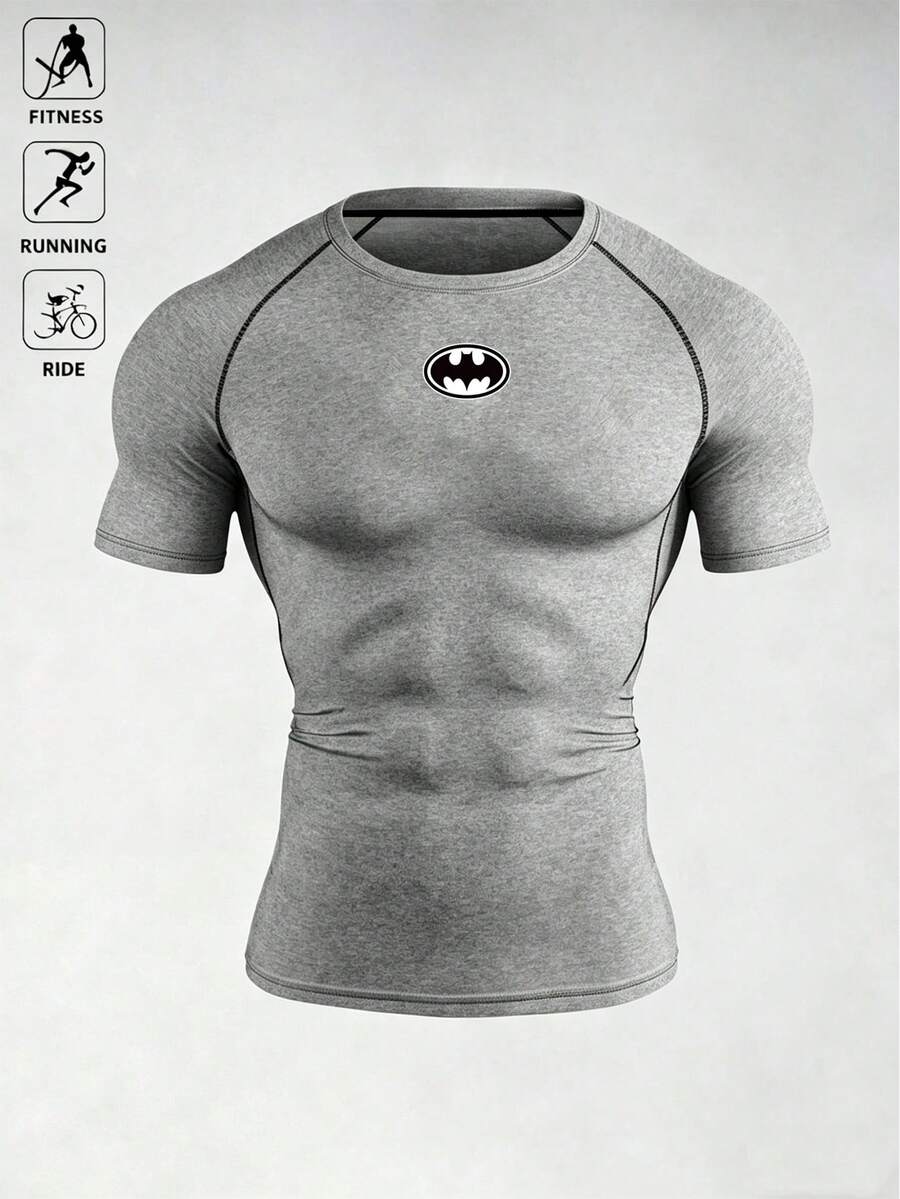 BATMAN X SHEIN Gym Rark 男款印花圓領短袖休閒運動T恤,健身與跑步、健身房、度假 - 灰色 - 查看 1