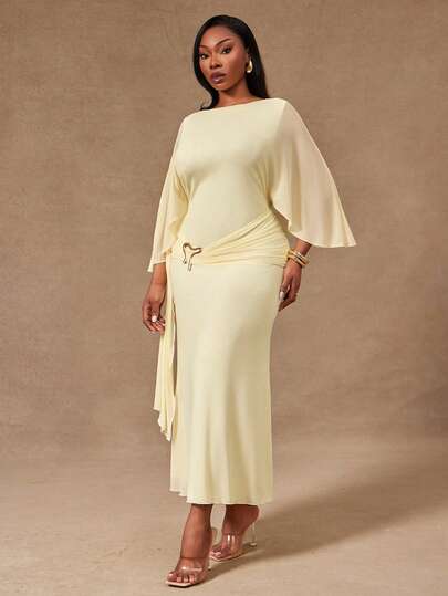 Radiana Váy maxi nữ size lớn mùa xuân & hè thanh lịch màu ngà phong cách nữ thần với tay áo choàng, eo nhún & phụ kiện kim loại hình trái tim vàng điêu khắc, dáng dài chạm sàn mềm mại, váy maxi mùa xuân/hè, váy thanh lịch lãng mạn, đầm dạ hội chính thức, đêm gala, váy mùa hè, váy mùa hè cho nữ, trang phục mùa xuân cho nữ, trang phục ngày Valentine, váy đi biển, trang phục đi biển, phong cách lễ hội cho nữ 2026, váy tiệc, váy tiệc thanh lịch cho nữ, váy khách mời đám cưới cho nữ, váy thanh lịch cho nữ, đi nghỉ dưỡng