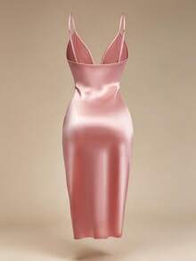 EMERY ROSE Women's Dusty Pink Summer Seductive Tropical Cocktail Satin Shiny Fabric Spaghetti Strap Bodycon Midi Dress,Ruffle Asymmetric Hem Party Formal Outfit - Baby Pink - View 2
