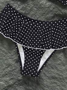 Swim Mod 女款復古紅白波點印花比基尼套裝，對比滾邊性感微型比基尼三角上衣 & 超短裙，時尚休閒度假甜美復古性感泳衣 - 黑與白 - 查看 4