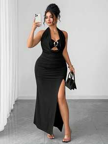 Elenzga Plus Size Women Sexy Deep V-Neck Draped Long Backless Dress Cocktail Black Summer - Black - View 5
