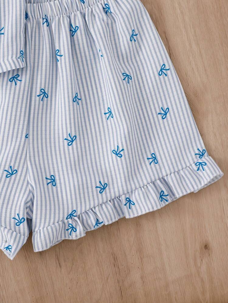 2pcs/Set Ruffle Trim Short Sleeve Top And Shorts Pajama Set For Young Girls, Suitable For Home, Leisure And Study Wear - Teal Blue - View 5